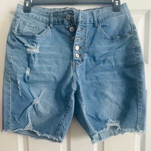 High Waist Ripped Raw Hem Button Fly Denim Long Shorts, 1X, NWOT